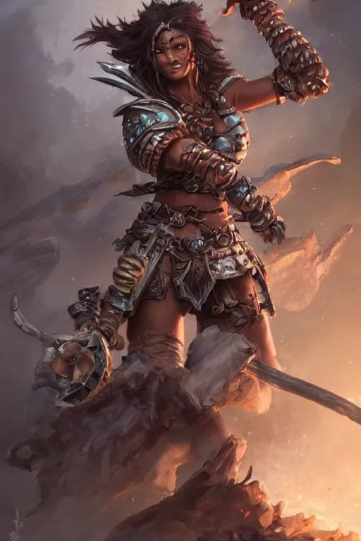 Prompt: Female barbarian, heavy brown metallic armor, beautiful, light brown messy hair, dark skin, brown eyes, detailed face, battle stance, high fantasy, extremely detailed, DND, D&D, matte painting, by peter mohrbacher
