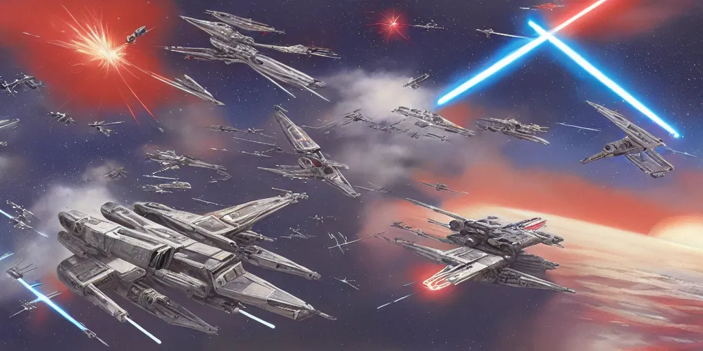 Image similar to Star Wars concept art of the an X-wing battle in space by Ryan Church