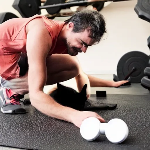 Prompt: cat trainer helps man in the gym