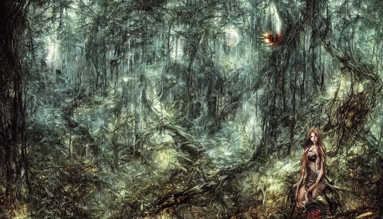 Prompt: a big eye floats above the ground in a dense forest, illustration by john taylor dismukes and dave lafleur, luis royo, chrome art, rich deep colors