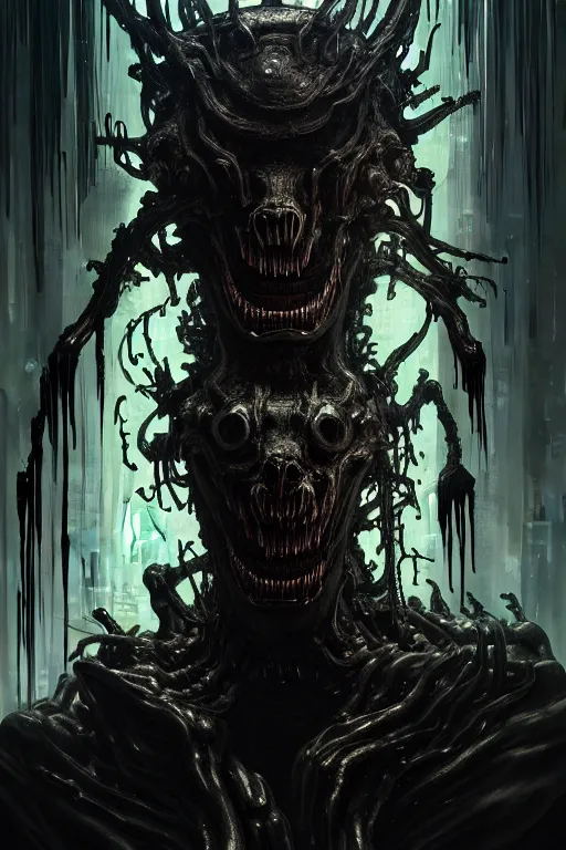 Prompt: dreamland of chinese, ghost, sharp, slender and densely arranged teeth, dystopian, cyberpunk, mould disintegrating into black dripping ink and slime, nanotech demonic monster horror, mecha, ominous, flowing mucus, intricate, studio, art by anthony macbain + greg rutkowski + alphonse mucha, concept art, 4 k, sharp focus