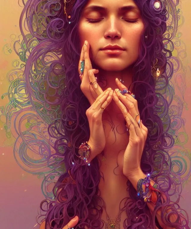 Image similar to a meditating new age hippie with beads and crystals, portrait, intricate, elegant, highly detailed, digital painting, artstation, concept art, smooth, sharp focus, illustration, art by artgerm and greg rutkowski and alphonse mucha