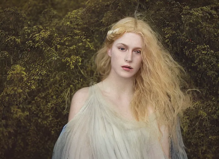 Prompt: kodak portra 1 0 0 a realistic photo medium portrait of a pre - raphaelite blond beautiful woman, shoulders draped by black tulle, dreamy mood, fine art photography in style of annie liebovitz, 1 5 0 mm, emotionally evoking, head in focus, stormy weather outdoor, matt mute colours, volumetric lighting, ultra detailed