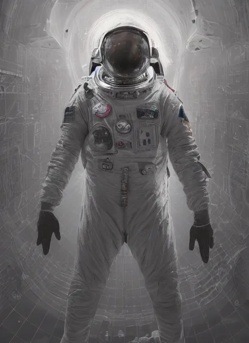 Image similar to astronaut in dark void underwater - complex and hyperdetailed technical suit design. reflection and dispersion materials. rays and dispersion of light. volumetric light. f / 3 2. noise film photo. flash photography. ultra realistic, 5 0 mm. poster by wayne barlowe, hajime sorayama aaron horkey, craig mullins