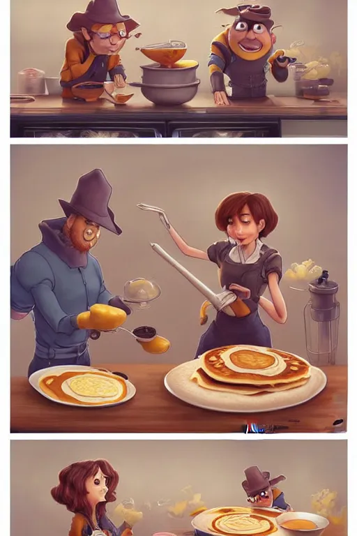 Prompt: of making pancakes, animation pixar style, by pendleton ward, magali villeneuve, artgerm, rob rey and kentaro miura style, golden ratio, trending on art station