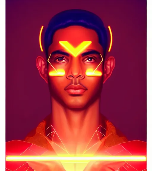 Image similar to symmetry!! egyptian prince of technology, solid cube of light, hard edges, product render retro - futuristic poster scifi, lasers and neon circuits, brown skin man egyptian prince, intricate, elegant, highly detailed, digital painting, artstation, concept art, smooth, sharp focus, illustration, dreamlike, art by artgerm