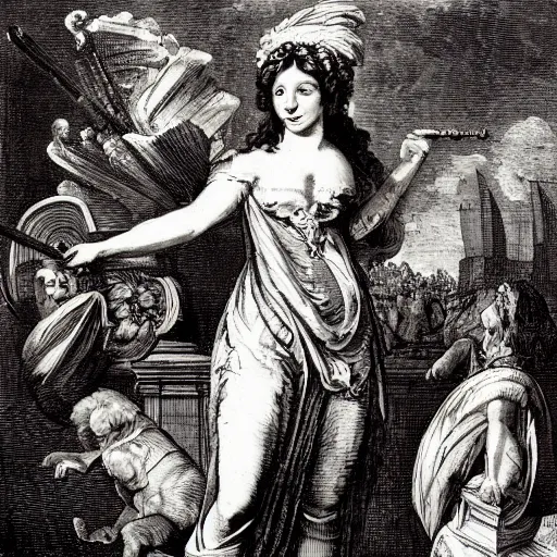 Prompt: Britannia, by William Hogarth, crosshatching, 18th century art