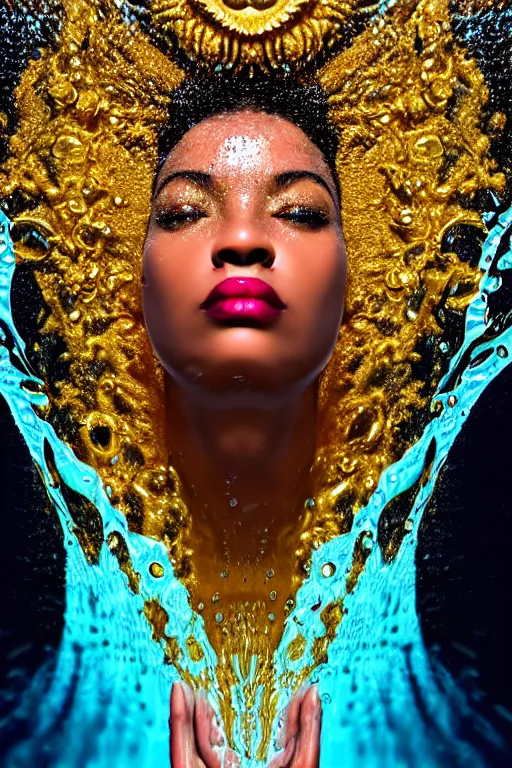 Prompt: hyperrealistic neo - pop cinematic super expressive! oshun goddess immersed in water!, mirror dripping droplet, gold ornate jewely, highly detailed face, digital art masterpiece, smooth eric zener cam de leon, dramatic pearlescent turquoise light on one side, low angle uhd 8 k, shallow depth of field