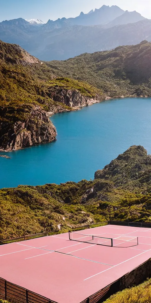 Prompt: Tennis court between mountains and sea. the style of National Geographic magazine