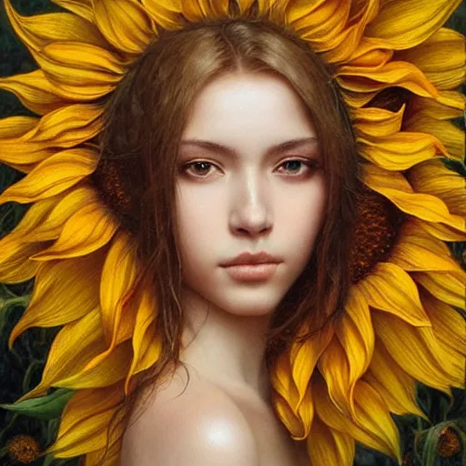 Prompt: a girl slowly walking through amazing tall sunflower field, hair flowing, early morning lighting, elegant, subtle, intricate details, beautiful face!, real masterpiece, oil on canvas, by karol bak, ayami kojima, artgerm, smile, concept art, fantasy