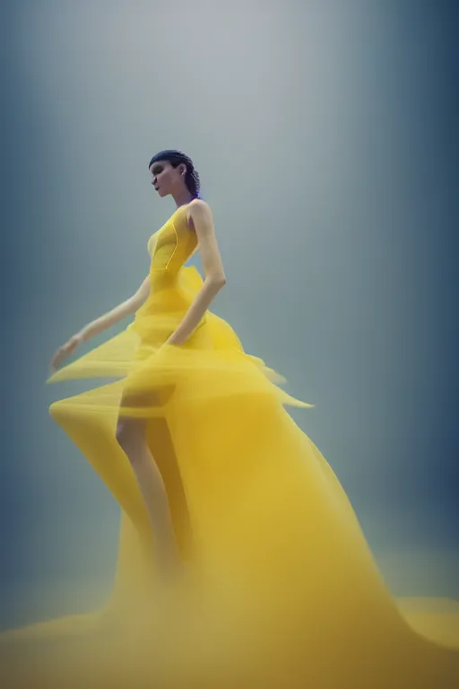 Image similar to a model wearing haute couture from valentino, macro photography, long exposure photograph, surrealism, anamorphic bokeh, cozy, soft light, yellow and blue, caustic, atmospheric fog, octane render, cinematic