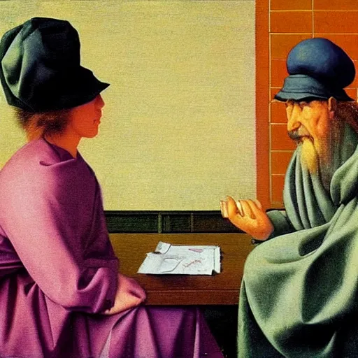 Prompt: a fortune teller giving you a bad day by Raphael, Hopper, and Rene Magritte. detailed, romantic, enchanting, trending on artstation.