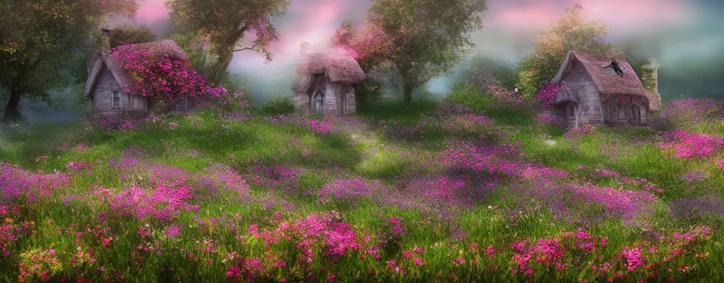 Image similar to fantasy little strawberry like cottage among magical floral meadow partially covered with fog, photo realistic image, super detailed, 4K,cinematic look