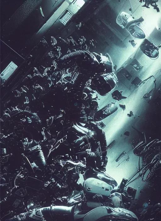 Image similar to astronauts in dark and empty void underwater - complex and hyperdetailed technical suit. reflection and dispersion materials. rays and dispersion of light. volumetric light. 5 0 mm, f / 3 2. noise film photo. flash photography. ultra realistic, wide angle. poster by wayne barlowe, hajime sorayama aaron horkey, craig mullins