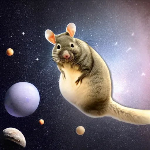 Image similar to chinchilla floating in space with galaxy in background