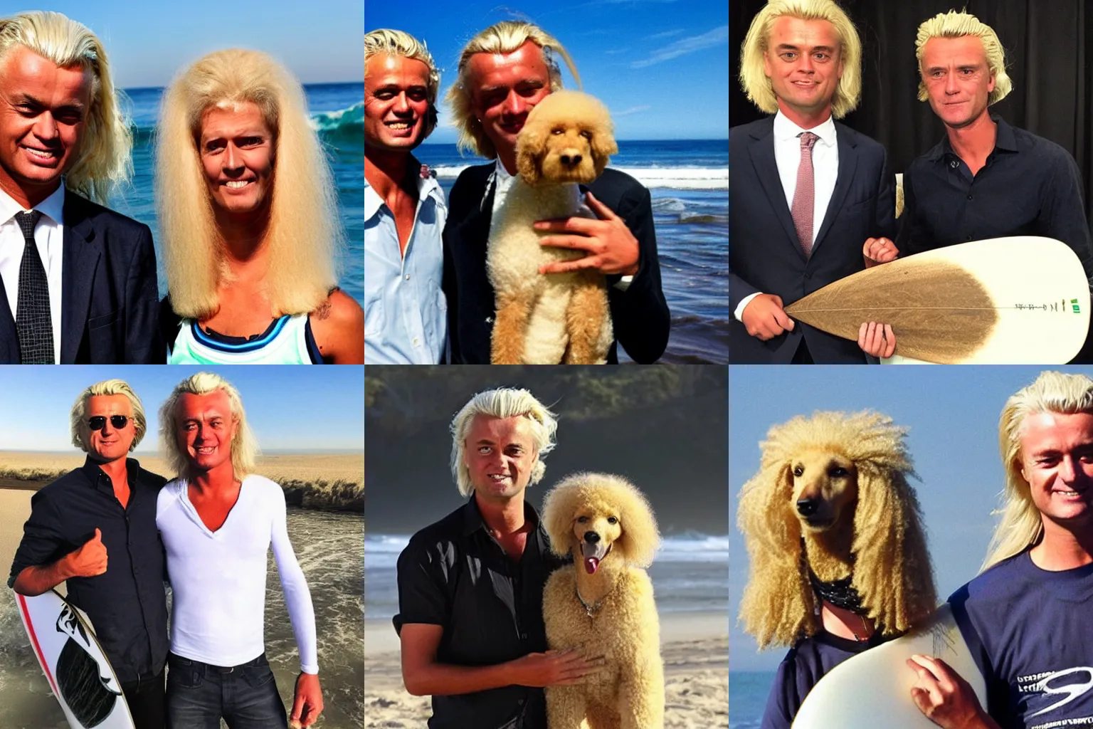 Prompt: geert wilders as a californian surfer with long blonde hair and his blonde poodle