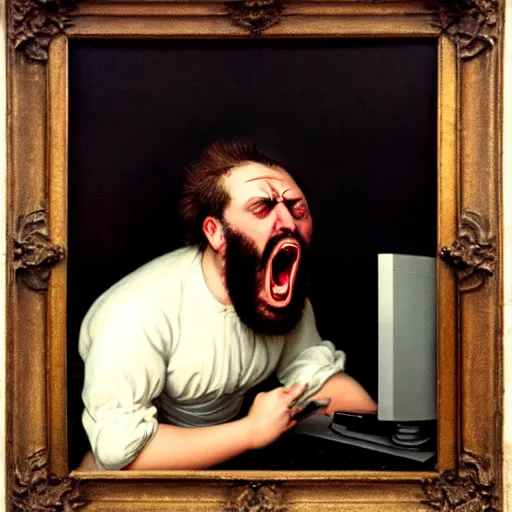 Image similar to an angry man yells at his computer monitor, oil on canvas, 1 8 8 3, highly detailed