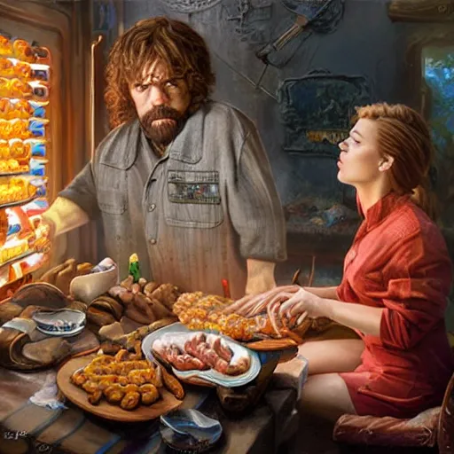 Prompt: portrait of peter dinklage sharing hotdogs with scarlett johansson, an oil painting by ross tran and thomas kincade w 7 6 8