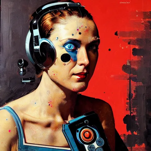 Image similar to portrait of a female android painted by Norman Rockwell and Sandra Chevrier