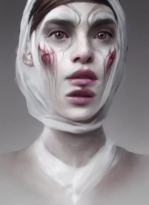 Image similar to portrait of beautiful girl with full pouty lips, skeksis, white face paint, bandaged nose, expressive eyes, fullbody, translucent skin, procedural rendering, greg rutkowski, charlie bowater, yuumei, yanjun cheng, unreal 5, daz, hyperrealistic, octane render, rpg portrait, dynamic lighting, fantasy art, beautiful face