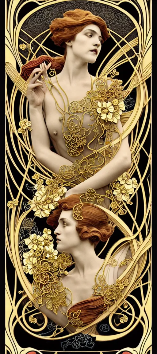 Prompt: the source of future growth dramatic, elaborate emotive Art Nouveau styles to emphasise beauty as a transcendental, seamless pattern, symmetrical, large motifs, hyper realistic, 8k image, 3D, supersharp, Art nouveau 3D curves and swirls, Glass and Gold pipes, flower bouquets silk ribbons and golden chains, swarovski crystals, iridescent and black and shiny gold colors , perfect symmetry, iridescent, High Definition, sci-fi, Octane render in Maya and Houdini, light, shadows, reflections, photorealistic, masterpiece, smooth gradients, no blur, sharp focus, photorealistic, insanely detailed and intricate, cinematic lighting, Octane render, epic scene, 8K