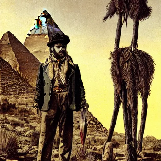 Image similar to 19th century scruffy american trapper, standing next to desert oasis, sphinx and pyramids in background, pulp science fiction illustration