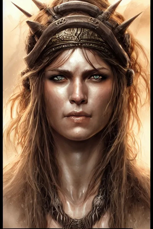 Image similar to head and shoulders portrait of a barbarian, female, high fantasy, dnd, face details, extremely detailed, smooth, sharp focus, digital illustration, by luis royo, magali villeneuve, donato giancola, wlop, krenz cushart, artgerm