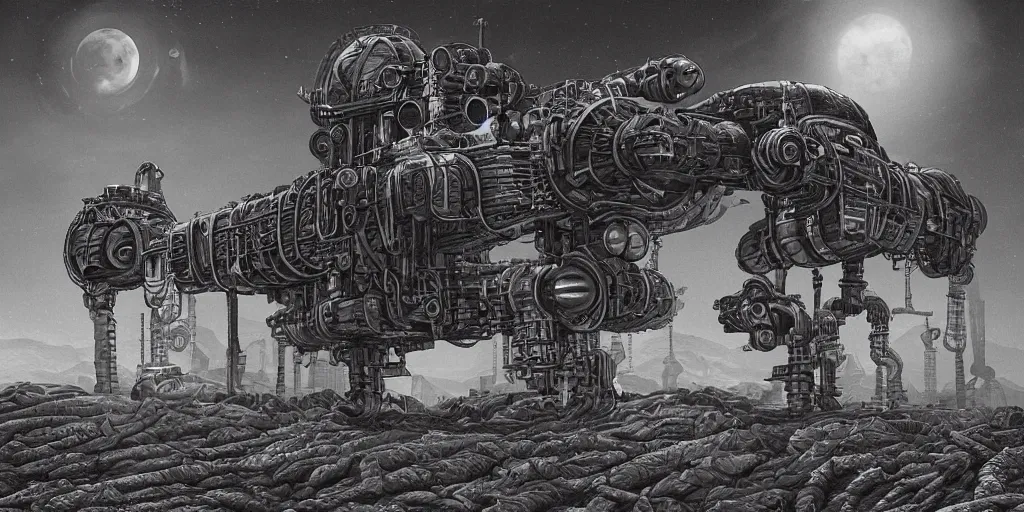 Prompt: a neverending non - euclidean factory in a bleak martian landscape, dieselpunk by hr giger