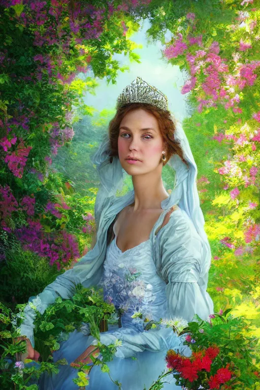 Prompt: portrait of a princess, painting by michael wellen, john stephens, in a verdant garden, tone mapping, trending on artstation