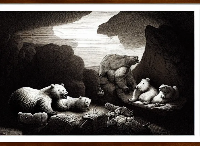 Image similar to Pieter Claesz's 'a bear and her cubs sleeping in a dark cave, lit by hole in roof', night time, cross hatching, backlit, beautiful wooden frame, monochrome, colours of the sunset