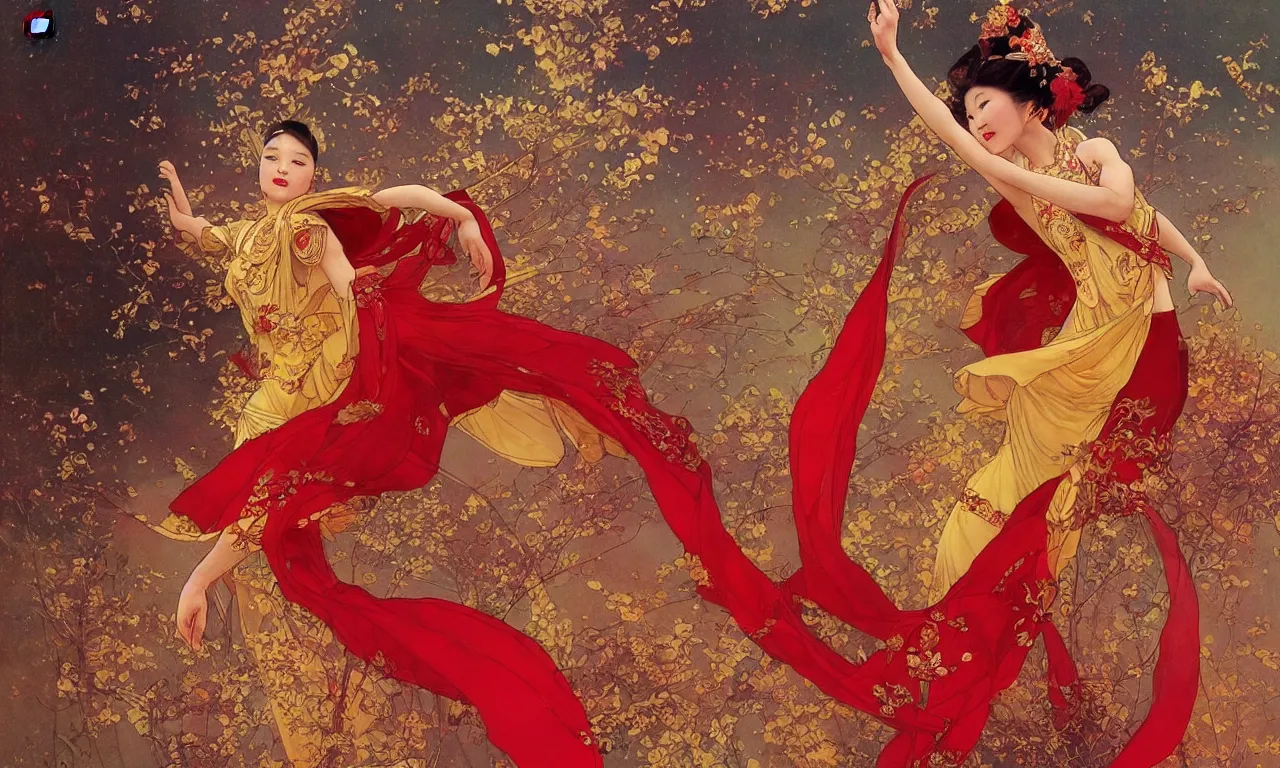 Image similar to chinese princess, dance, fairy, beautiful, stunning, red and gold dress, spinning in the sky, by stanley artgerm lau, greg rutkowski, victo ngai, alphonse mucha, loish, norman rockwell