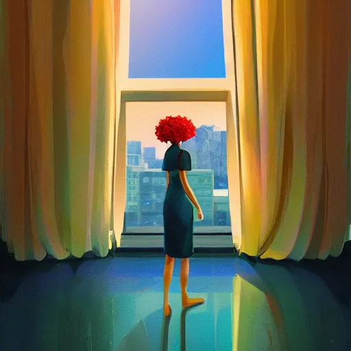 Image similar to closeup, huge flower as head, woman standing by tall modern windows, luxury apartment, surreal photography, sunlight, impressionist painting, digital painting, artstation, simon stalenhag