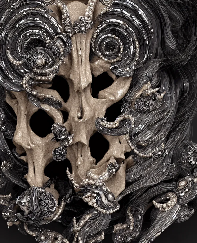 Image similar to goddess princess face close-up portrait ram skull. sculpture made of black stone with elements made of polished gold. jellyfish phoenix head, nautilus, orchid, skull, betta fish, bioluminiscent creatures, intricate artwork by Tooth Wu and wlop and beeple. octane render, trending on artstation, greg rutkowski very coherent symmetrical artwork. cinematic, hyper realism, high detail, octane render, 8k