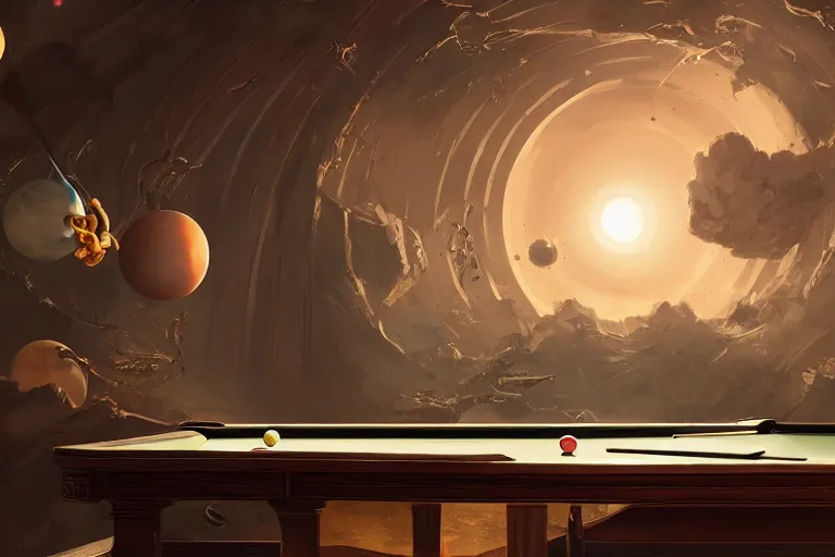 Image similar to a billiards table with planets for balls, matte painting, long shot, concept art, wide shot, digital art, trending on artstation, 4 k, extremely detailed, realistic, midday, warm colors, golden sunlight, by greg rutkowski, cinematic, epic