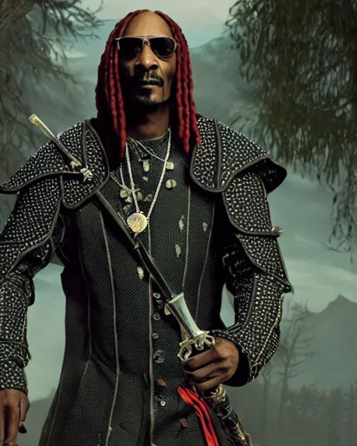 Prompt: Snoop Dogg in the role of Witcher III Gerald of Rivia, film still, amazing short, 8K, IMAX, ultra detailed