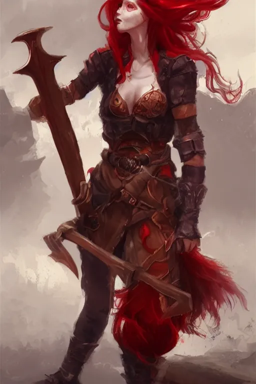 Image similar to a woman with red hair holding two large axes, concept art by senior character artist, artstation contest winner, fantasy art, concept art, artstation hd, 2 d game art