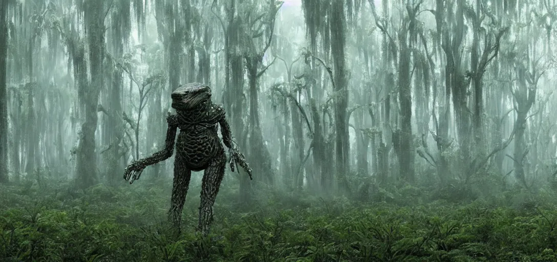 Image similar to a complex organic fractal 3 d metallic symbiotic ceramic humanoid megastructure creature in a swampy lush forest, foggy, cinematic shot, photo still from movie by denis villeneuve