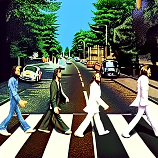 Image similar to The cover of Abbey Road in the style of Tim Burton, HD, Hyper realistic, intricate detail