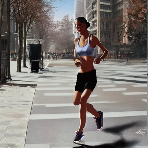 Prompt: girl running jogging outside in the city with headphones on by liang Xing