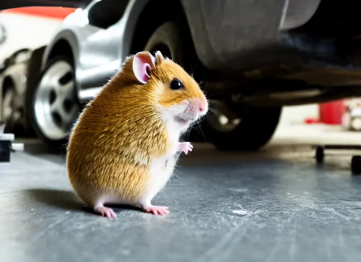 Image similar to film still of a hamster working as a mechanic in an auto shop, 8 k