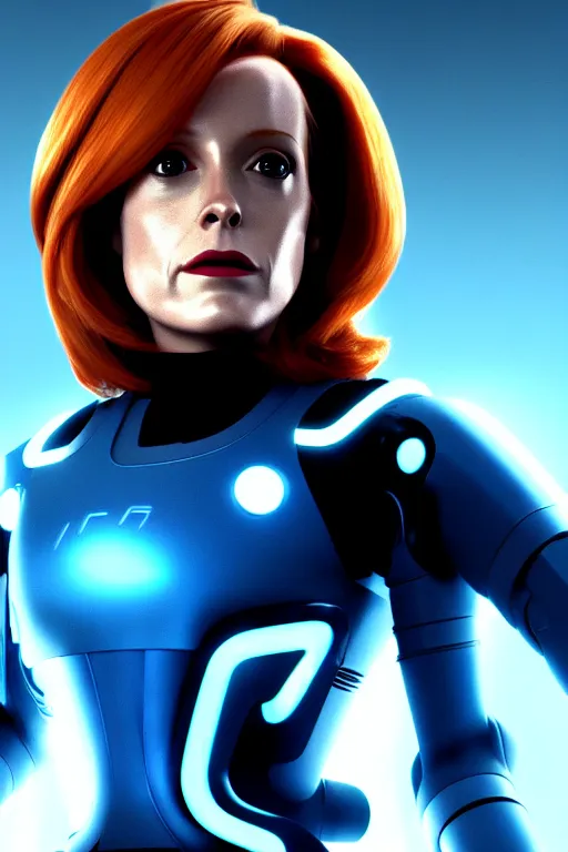 Prompt: dana scully in tron : legacy ( 2 0 1 0 ), cyberpunk aesthetic, glowing panel lines, octane render, nvidia, artstation trending, ultrasharp detail