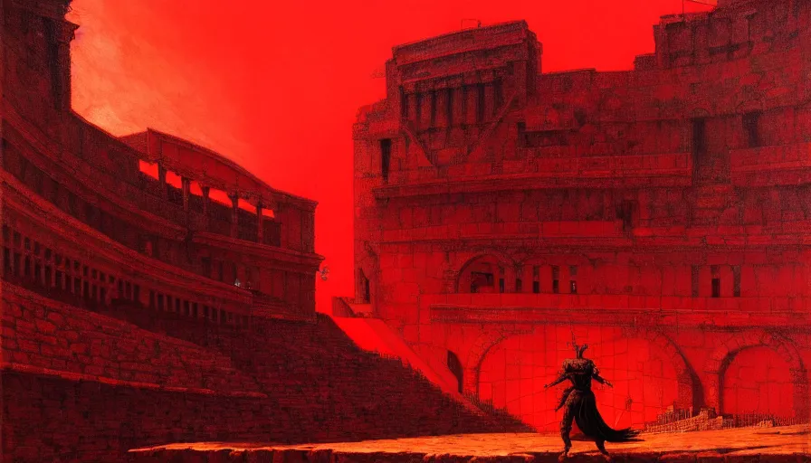 Image similar to only with red, a lightly armored gladiator in a crowded roman amphitheatre, crowd cheering, in the style of beksinski and edward hopper and rodcenko and yue minjun and cory loftis, intricate and epic composition, red by caravaggio, highly detailed, masterpiece, red light, artstation, art nouveau