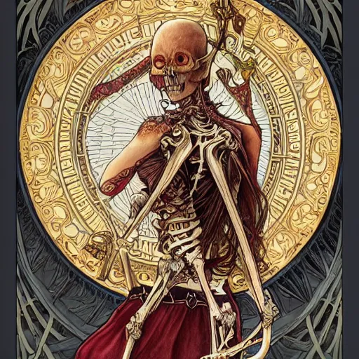 Image similar to skeleton with sickle, highly detailed, very intricate, art nouveau, gold filigree, award winning, tarot concept art watercolor illustration by mandy jurgens and alphonse mucha and alena aenami, featured on artstation