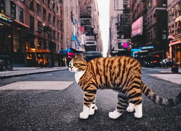 Image similar to photography of a Cat being carried in an half open backpack . in a new york street. award winning photo, led lighting, night, 130mm, sharp, high res