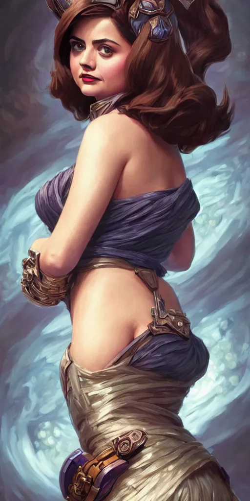 Image similar to Jenna Coleman, pinup, league of legends, intricate, highly detailed, digital painting, hyperrealistic, artstation, concept art, smooth, sharp focus, illustration, Unreal Engine 5, 8K, art by artgerm and greg rutkowski and alphonse mucha, by Jesper Ejsing