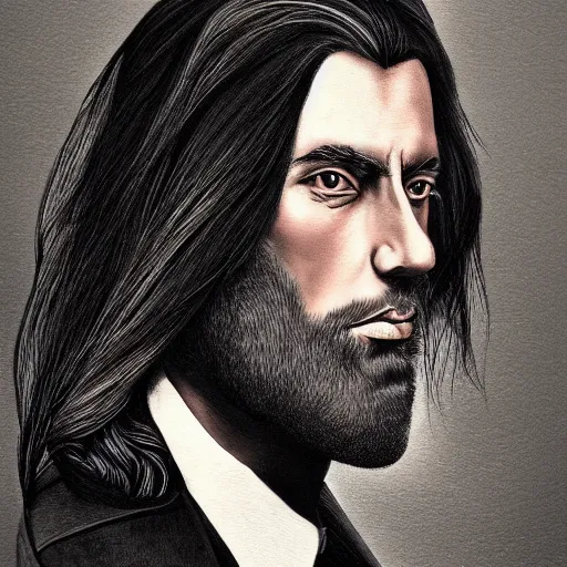 Prompt: old flowing hair handsome man with high collar fantasy, symmetrical beautiful, portrait, painting, trending on artstation