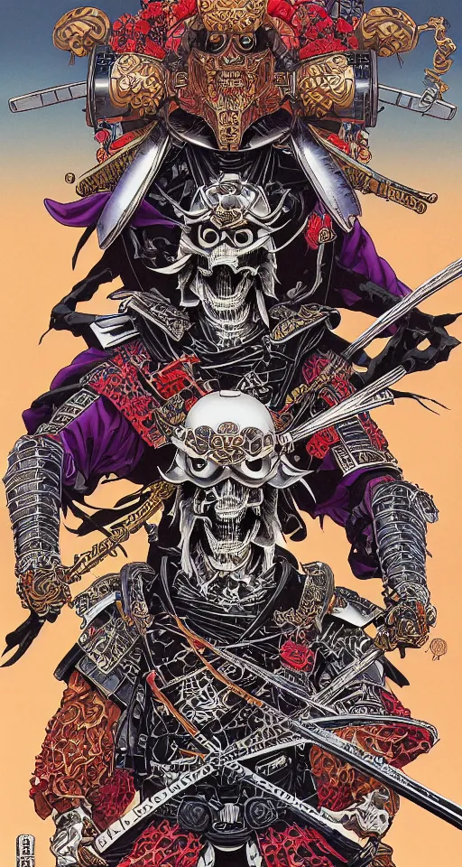 Image similar to portrait of a crazy skeletor samurai with japanese armor and helmet, by yoichi hatakenaka, masamune shirow, josan gonzales and dan mumford, ayami kojima, takato yamamoto, barclay shaw, karol bak, yukito kishiro