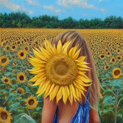 Image similar to a blonde babe slowly walking through amazing tall sunflower field, her blonde hair flowing down, subtle, intricate details, real masterpiece, oil on canvas, by somsak anong