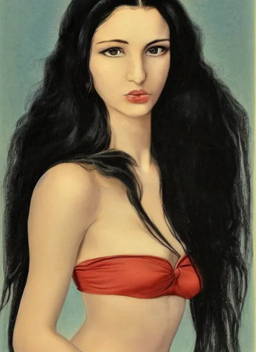 Image similar to a portrait of the most beautiful woman in the world with long black hair that extends past her waist with locks of hair that frame her face down to her chin and shows off her high forehead, dark brown eyes with long, voluminous eyelashes and pale skin, narrow waist and very large chest, wear a revealing red V-neck blouse that showed much of her chest and a loose sarong that exposed her long, slender legs with the green symbol of the Kuja adorned on it, along with a white cape sporting epaulettes more commonly found on the jackets of high-ranking Marines, and red high heel pumps, pink hearts in the background , romantic themed, beautiful face, intricate, highly detailed, digital painting, artstation, concept art, smooth, sharp focus, illustration, art by Artgerma