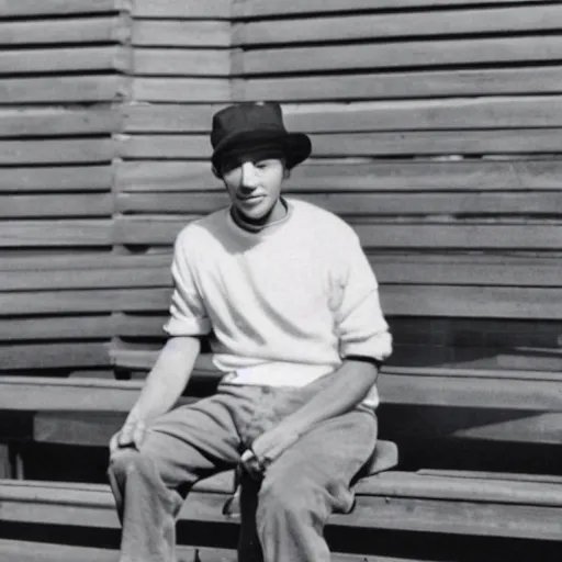 Image similar to photograph of a young man with a backward hat sitting on outdoor wooden bleachers next to a radio